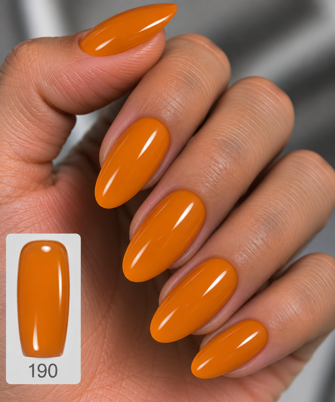 Gelosophy #190 Popcorn Parade amber orange gel polish on almond nails