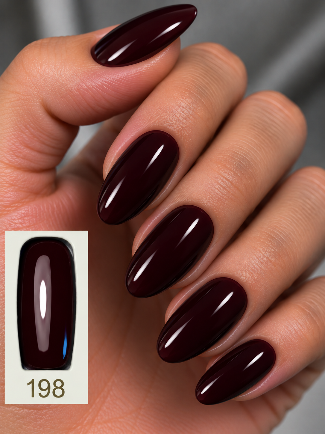 Gelosophy #198 Dark Mode deep oxblood burgundy gel polish on almond nails