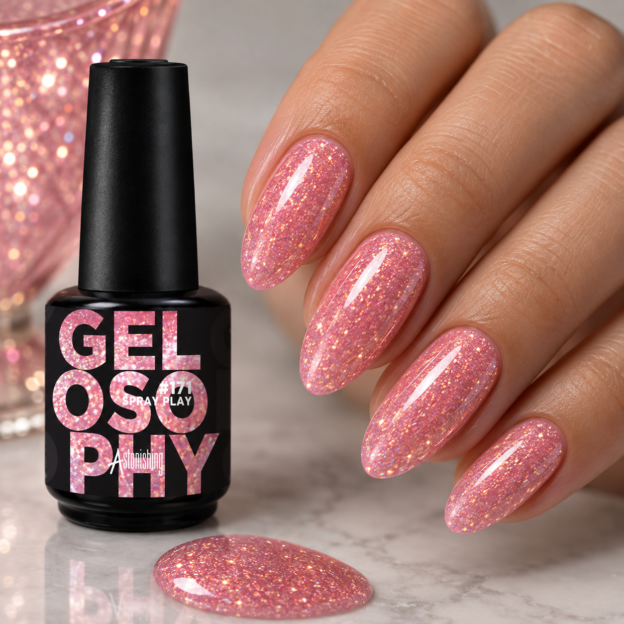 Gelosophy #171 Spray Play pink glitter gel polish bottle, NYC Urban Canvas collection