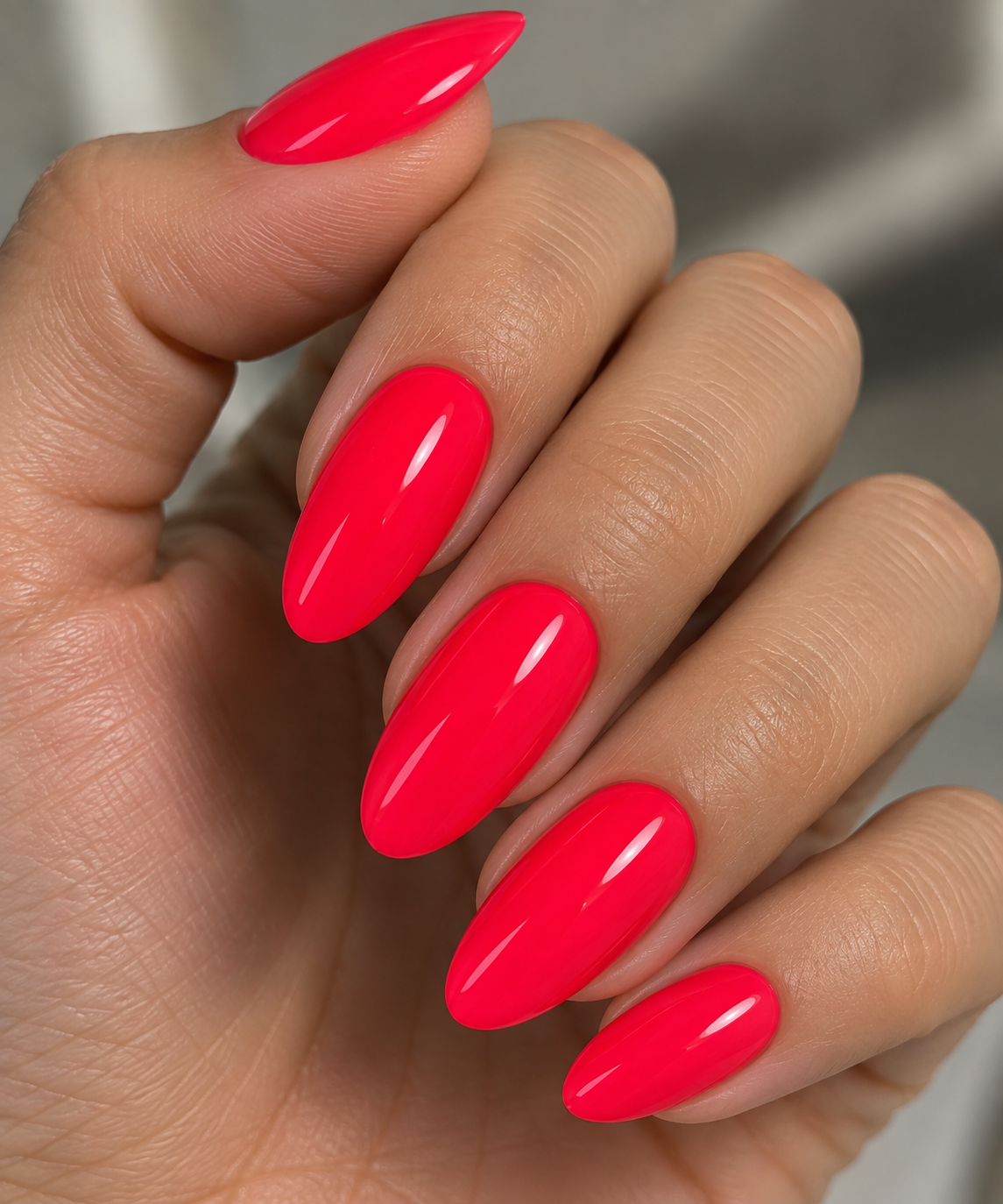 Gelosophy #187 Candy Carousel bright neon coral gel polish on almond nails