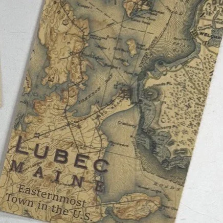 Souvenir magnet with a vintage map showing the Greater Lubec region.. The map highlights ubec as the easternmost part of the U.S.