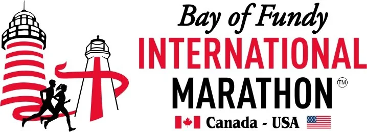 Logo for the Bay of Fundy International Marathon featuring a lighthouse, two runners, and text indicating the event is held in Canada and the USA.