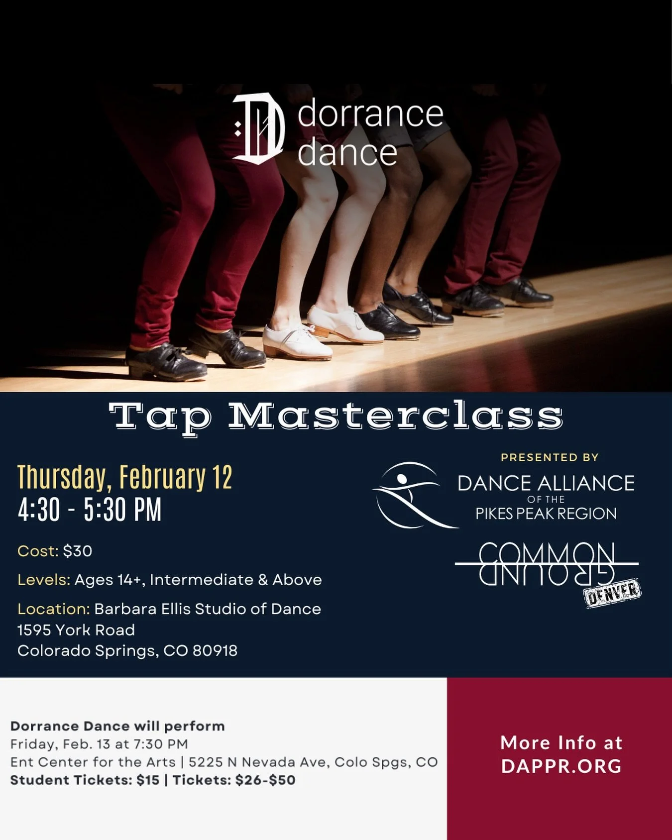 Next month in Colorado Springs&hellip;we are teaming up with @thedanceallianceppr as they present @dorrancedance for a masterclass hosted by @besddancers 

Sign up now through our link in bio or at www.dappr.org