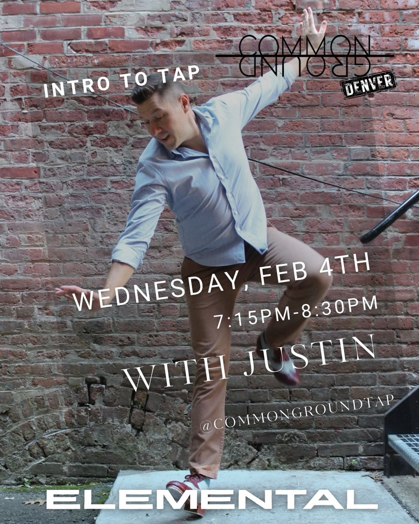 Common Ground Denver and @elementalstudiosco are offering a special Intro To Tap Dance class on Wednesday, February 4th with @justinboccitto 👞

Come join Justin and learn some tap dance basics!!! Visit www.elementalstudiosdenver.com for more info.

