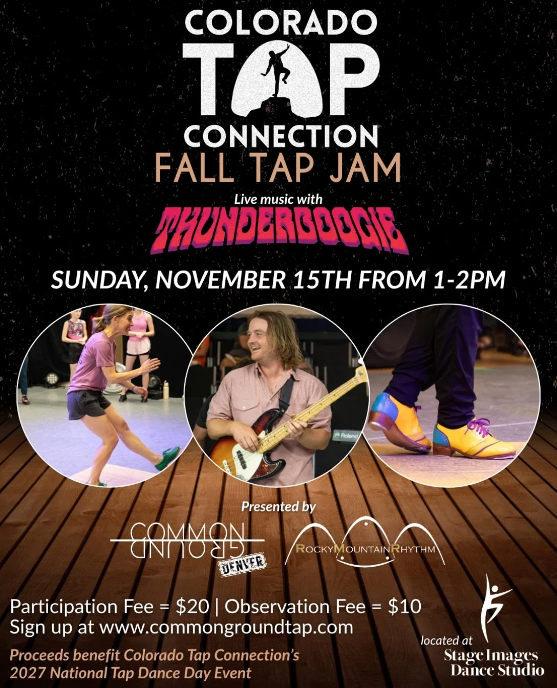 We are excited to team up with @rockymtnrhythm and @thunderboogiemusic to present our Fall Tap Jam on Sunday, November 15th at @stageimagesdance 

This event is open to all levels of tap dancers and will feature live music! You can also come join as 