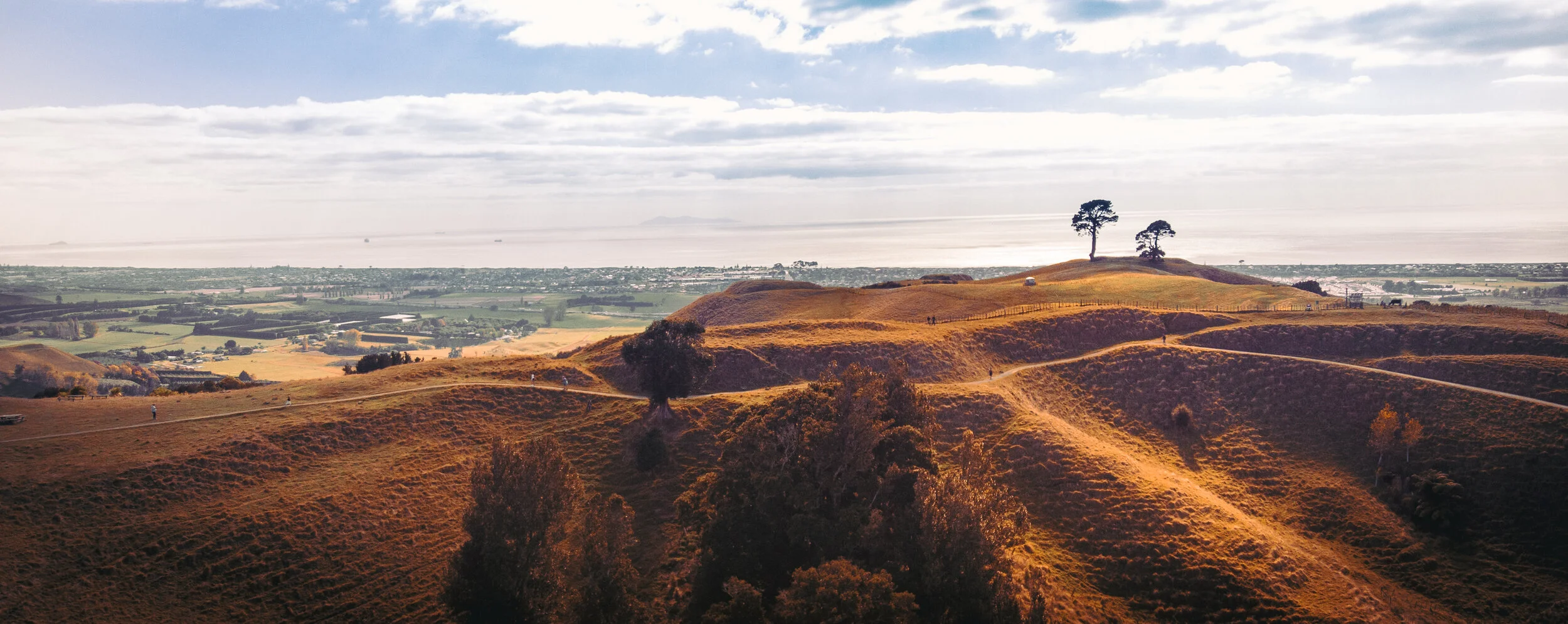 Hilly landscape with grass-covered hills, trees, and a sky filled with clouds, overlooking a distant city and water body.