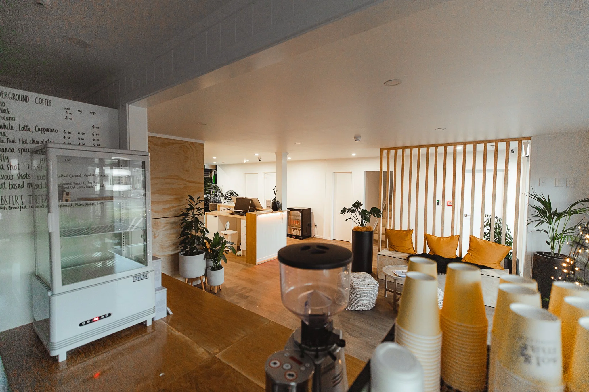 Interior of a cozy coffee shop with a counter, seating area with orange pillows, plants, and a wooden partition, viewed from behind a coffee grinder and cups.