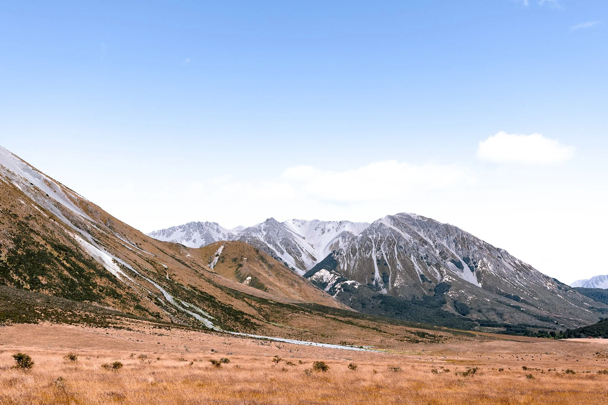 A landscape of mountains with patches of snow, brown and green vegetation on the slopes, and a grassy plain in the foreground under a clear blue sky with a few clouds.
