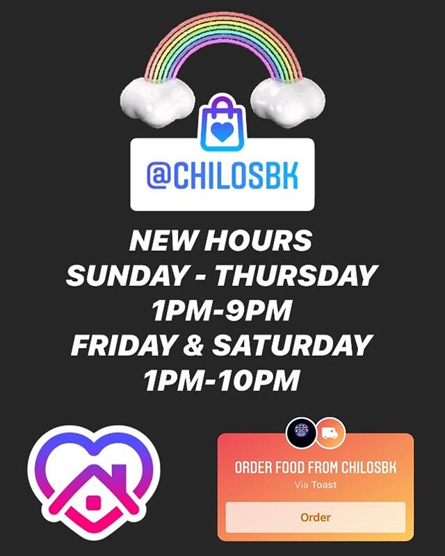 @chilosbk new hours for #PickUp and #Delivery Sunday- Thursday 1PM-9PM , Friday and Satuday 1PM-10PM . Order at www.chilosbk.com for promo code . #Tacos #Tortas #Tostadas #FrozenDrinks #BeerToGo #BedstuyRestaurant #BrooklynRestaurant #BrooklynLove #B