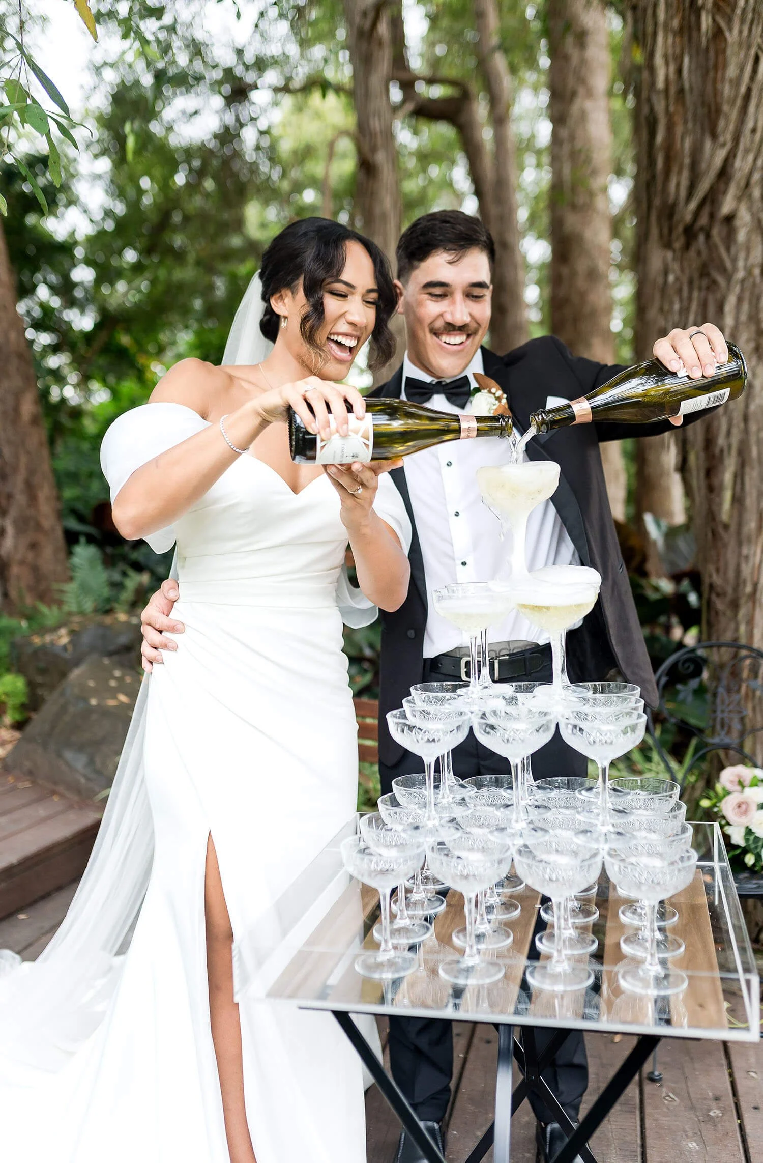 champagne tower at wedding reception
