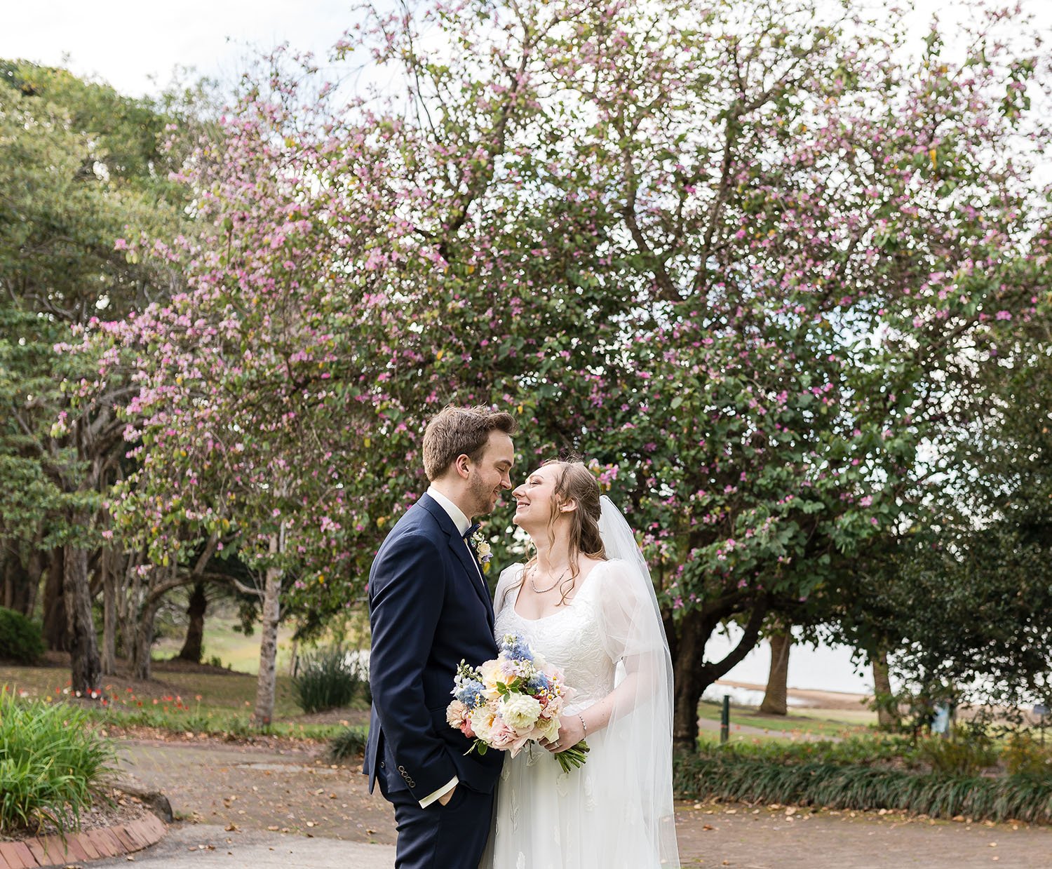 bridal couple photos in spring garden