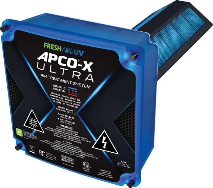 NEW APCO-X ULTRA Reduce indoor air pollution and extend the life of your HVAC system with APCO-X ULTRA, our most powerful air and coil treatment system from Fresh-Aire UV. Now with lamp-life monitoring and LED status indicator.