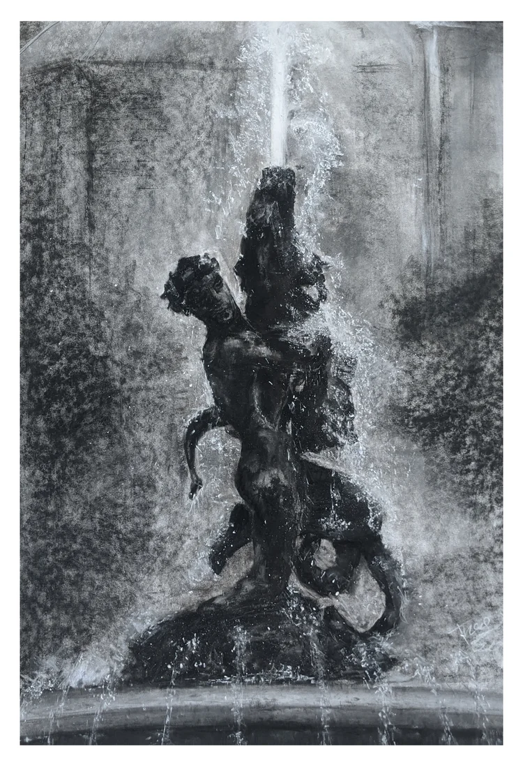 Charcoal drawing of the Fountain of the Naiads, Rome
