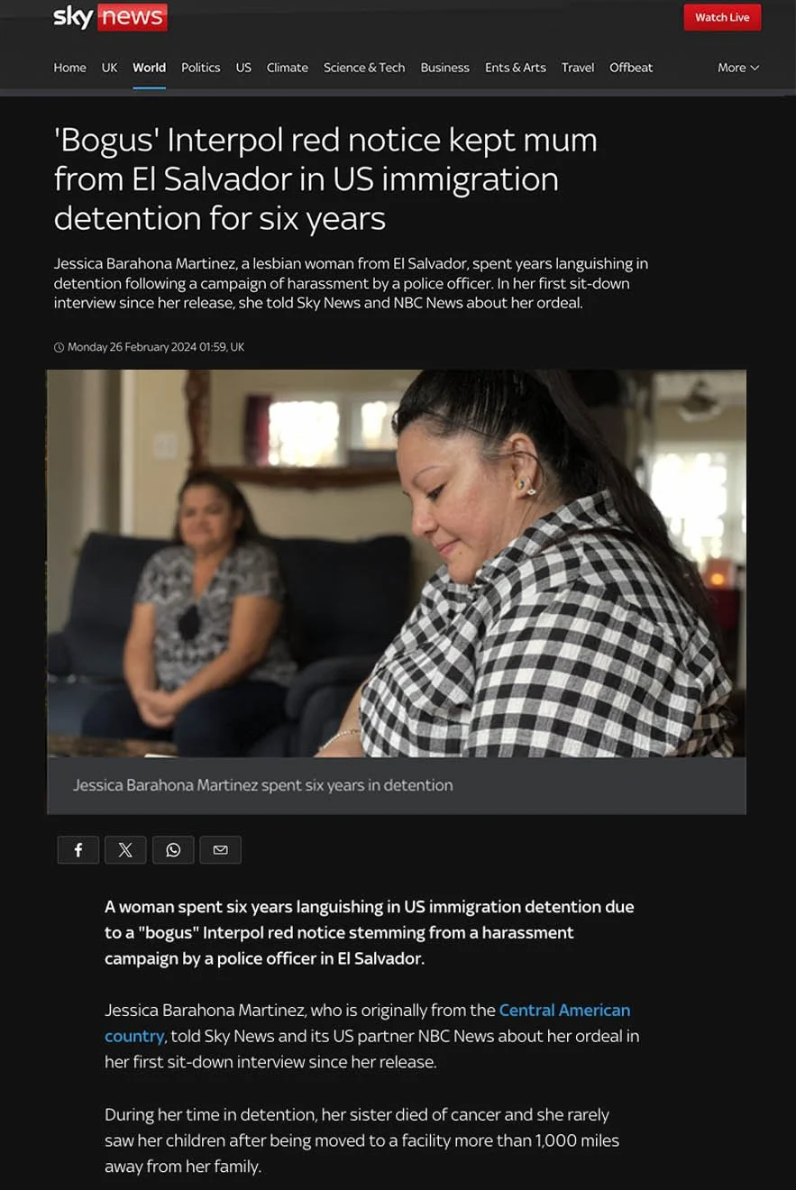 Jessica Barahona Martinez, a mother from El Salvador detained in the US for six years following a disputed INTERPOL Red Notice, featured in Sahar Zand's Sky News Dirty Work investigation.