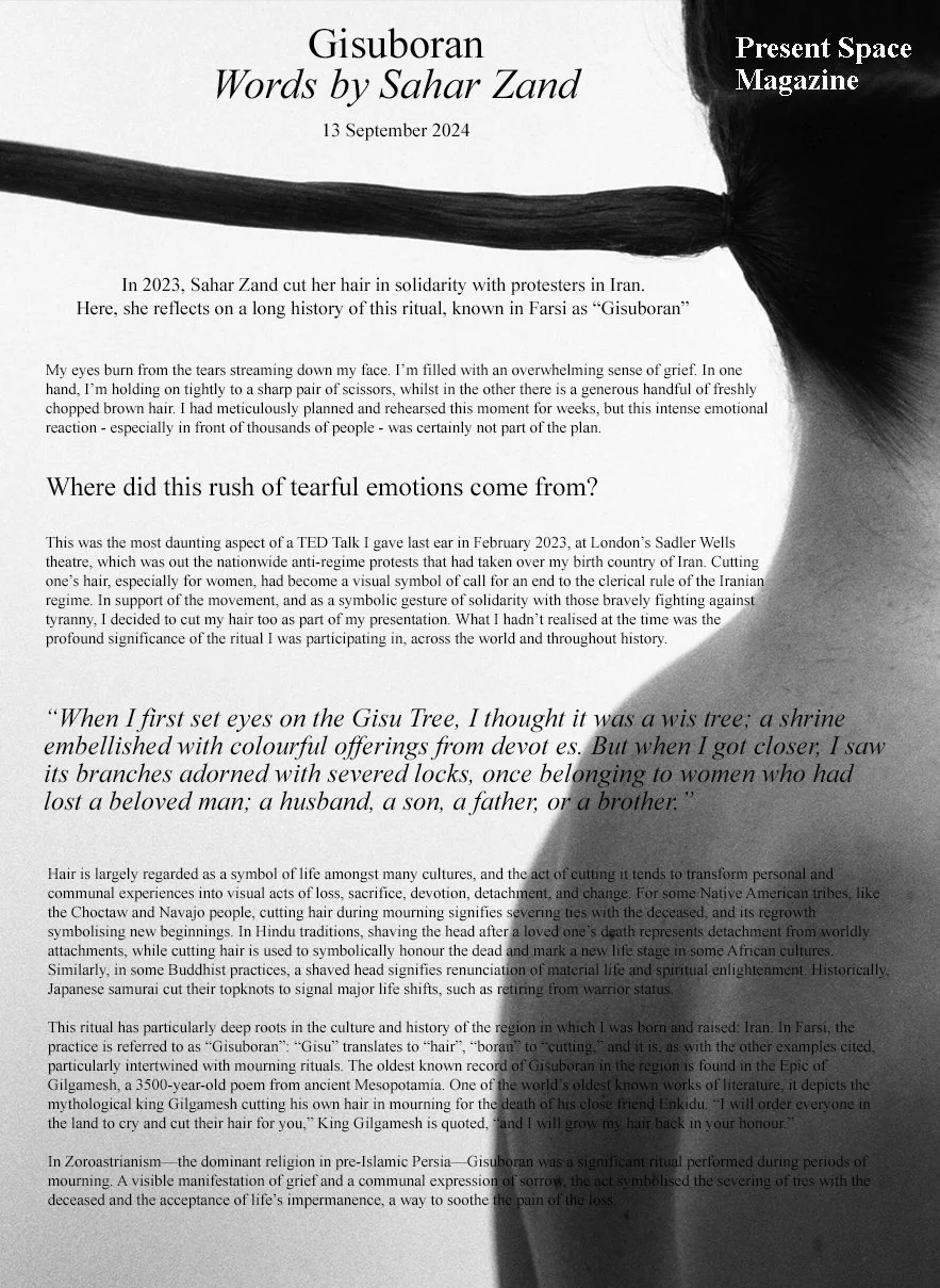 Sahar Zand Gisuboran Present Space Magazine Iranian Woman journalist author Ted Talk Iran hair Mahsa Amini Iranian Journalist author presenter woman