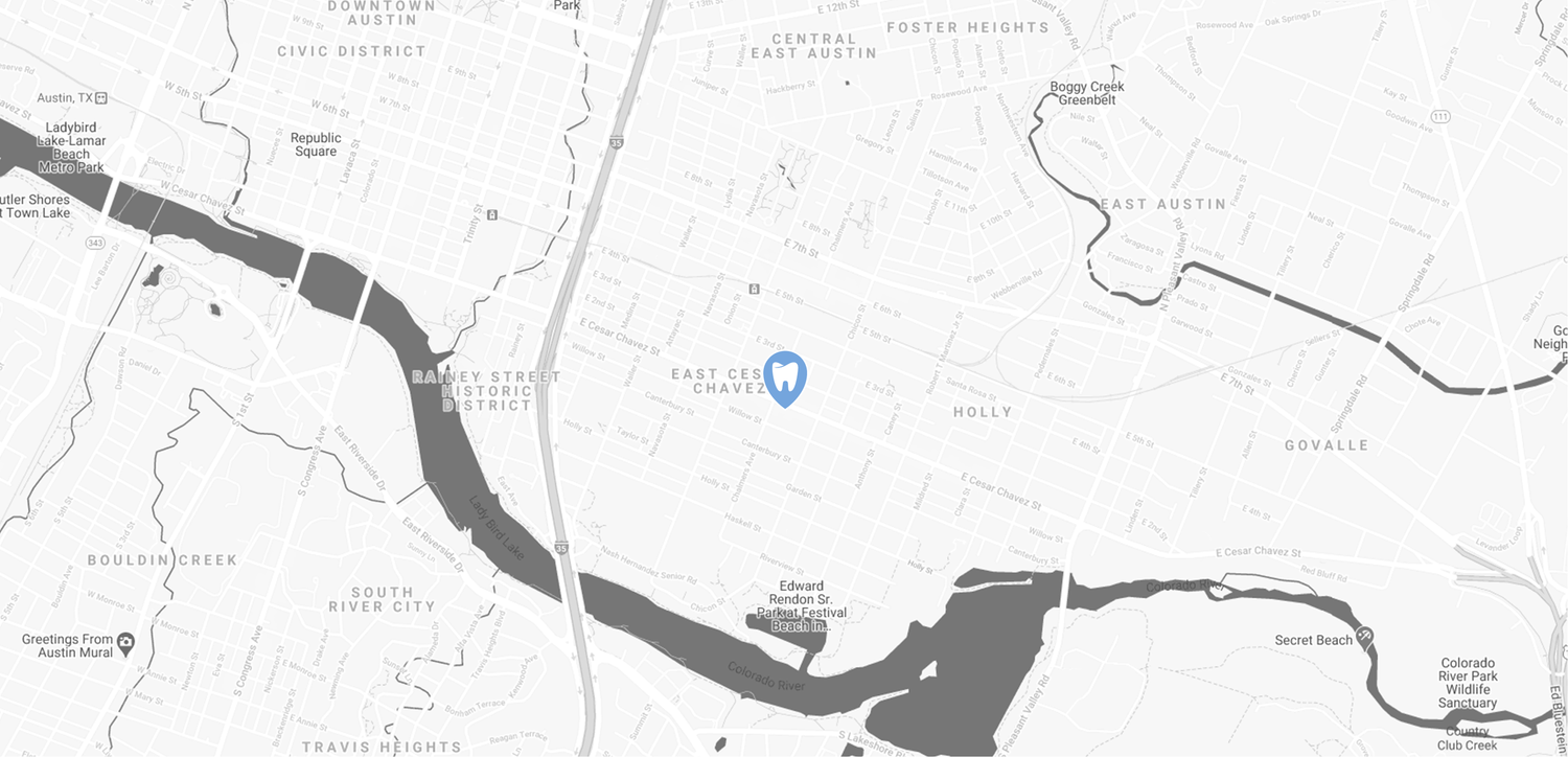 Map graphic showing The Local Dentist location in East Austin