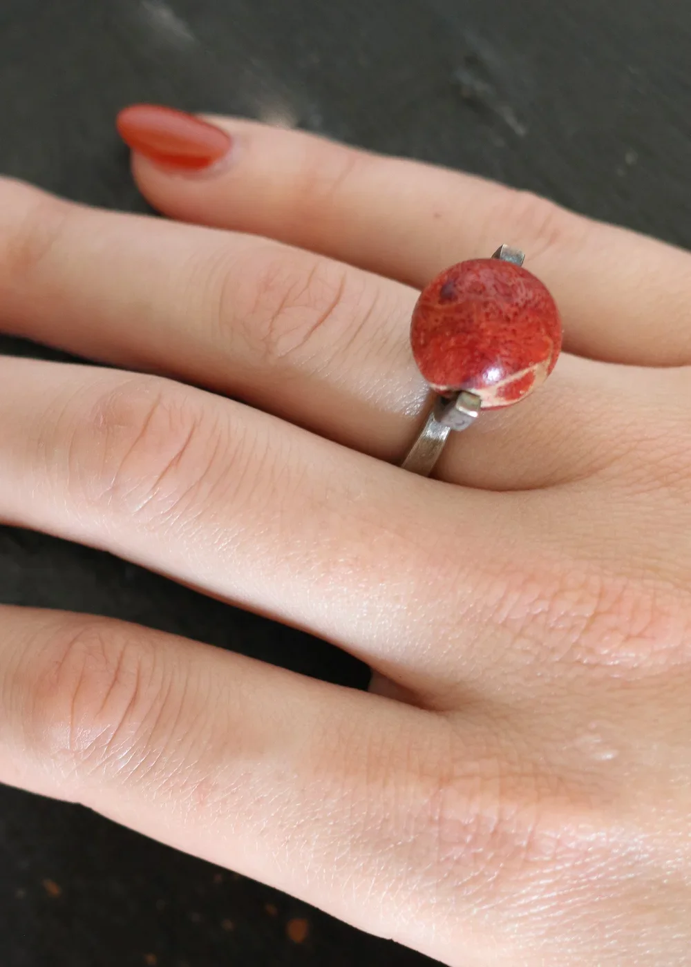 Red Coral & Silver Ring