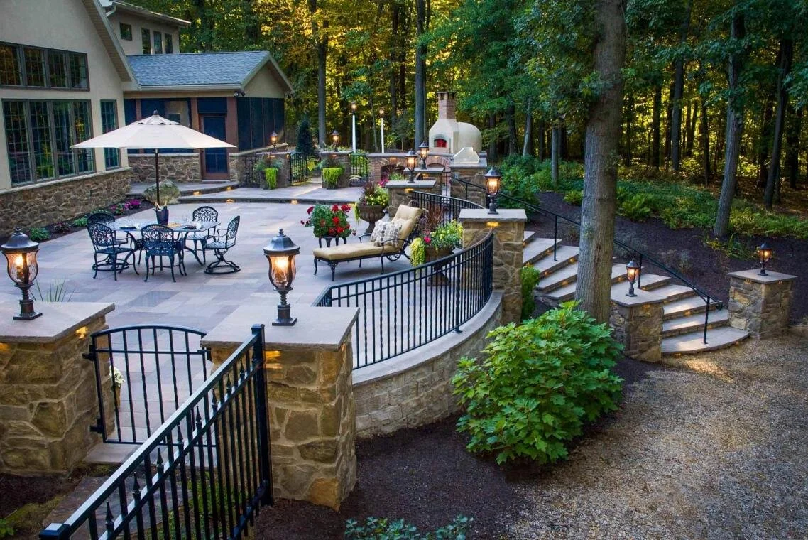 Stunning Woodland Retreat with Natural Stone Patio u0026 Outdoor Kitchen in  Harrisburg, PA | GoldGlo Landscapes