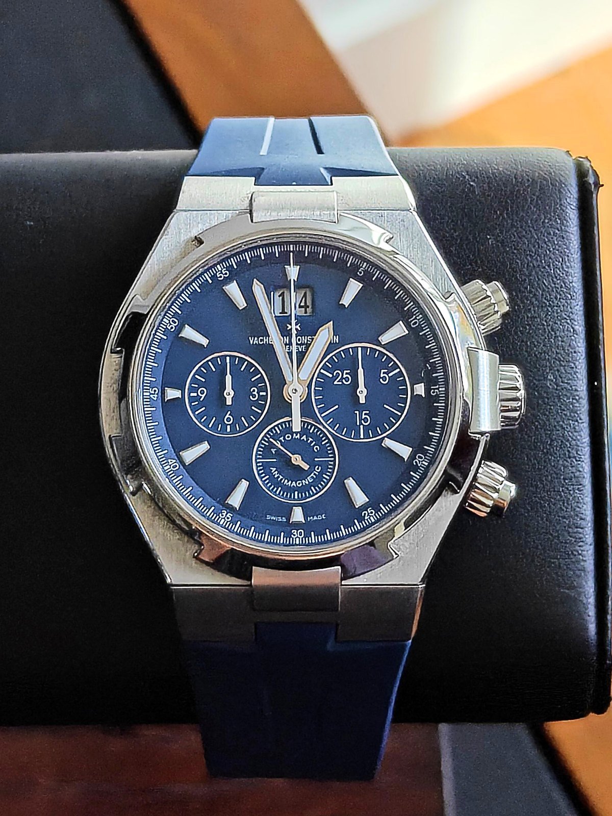 Vacheron Constantin Overseas 49150 blue dial chronograph on watch cushion