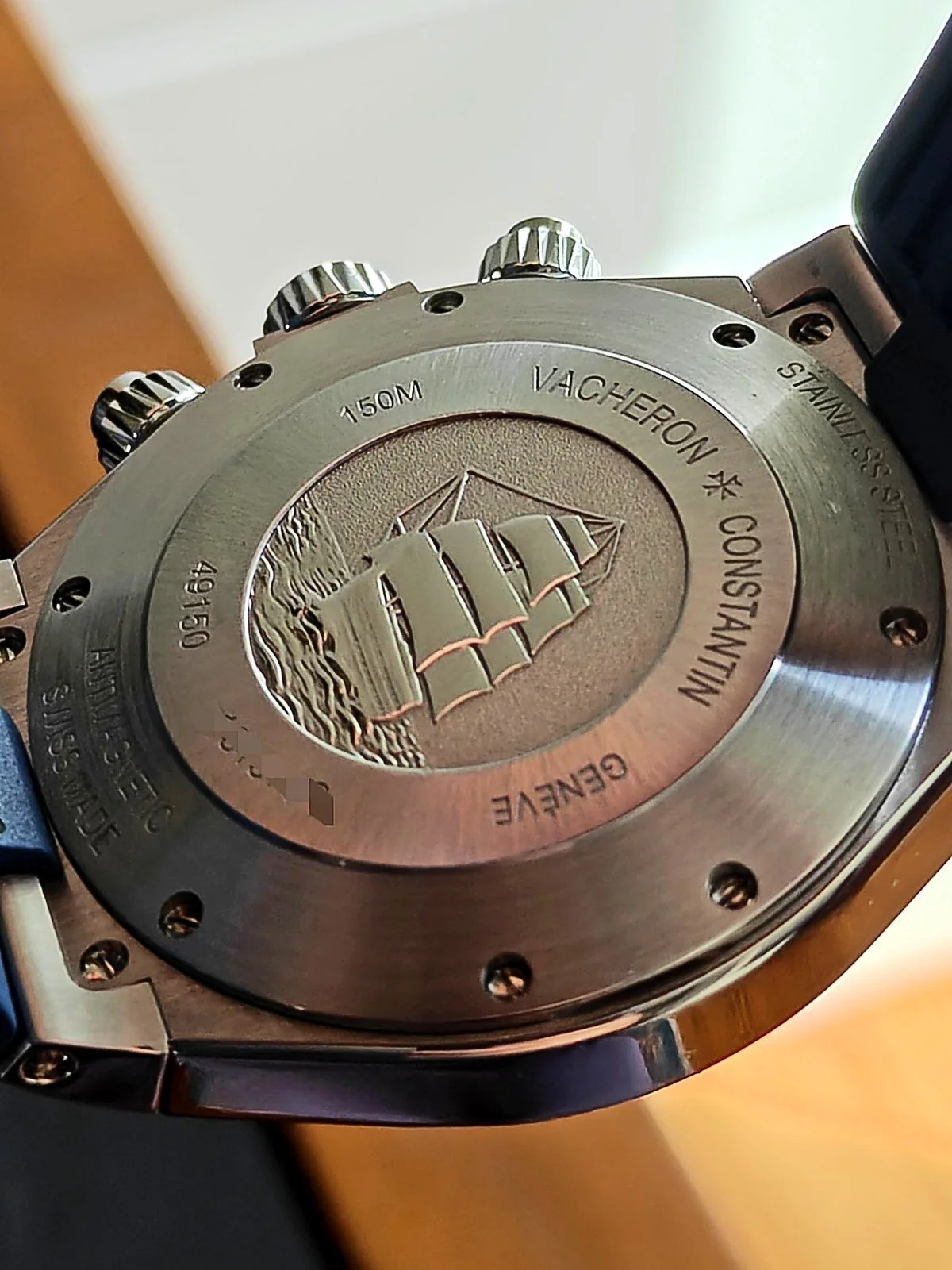Vacheron Constantin Overseas 49150 solid caseback with engraved ship