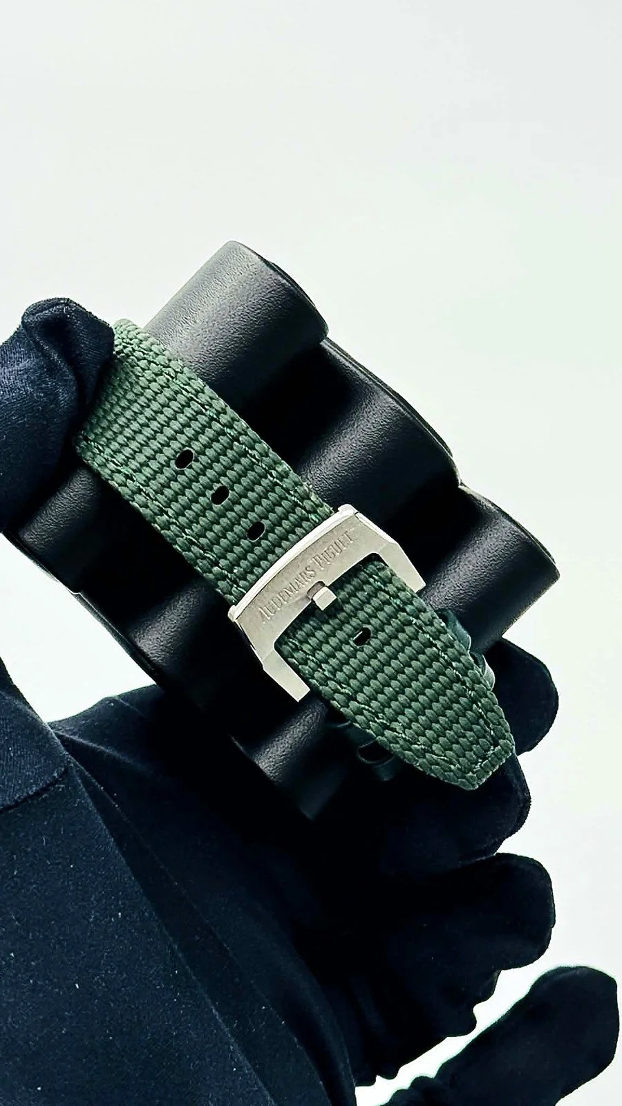 AP pin buckle on green textile strap