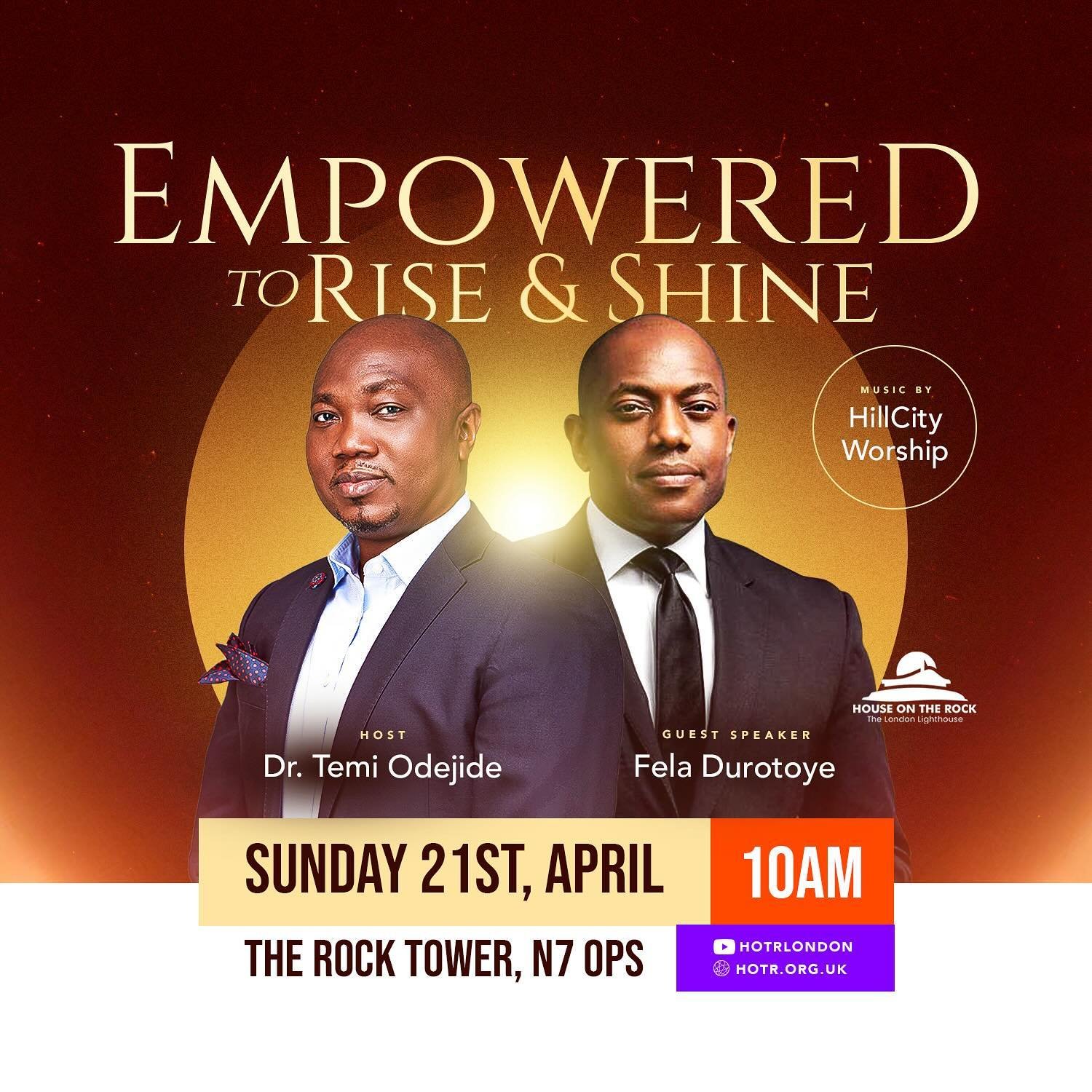 &ldquo;Join us this Sunday for a truly inspiring experience at our special service, &lsquo;Empowered to Arise and Shine.&rsquo; 

@drtemiodejide welcome&rsquo;s the renowned leadership expert @feladurotoye, who will be joining us for an enriching ses