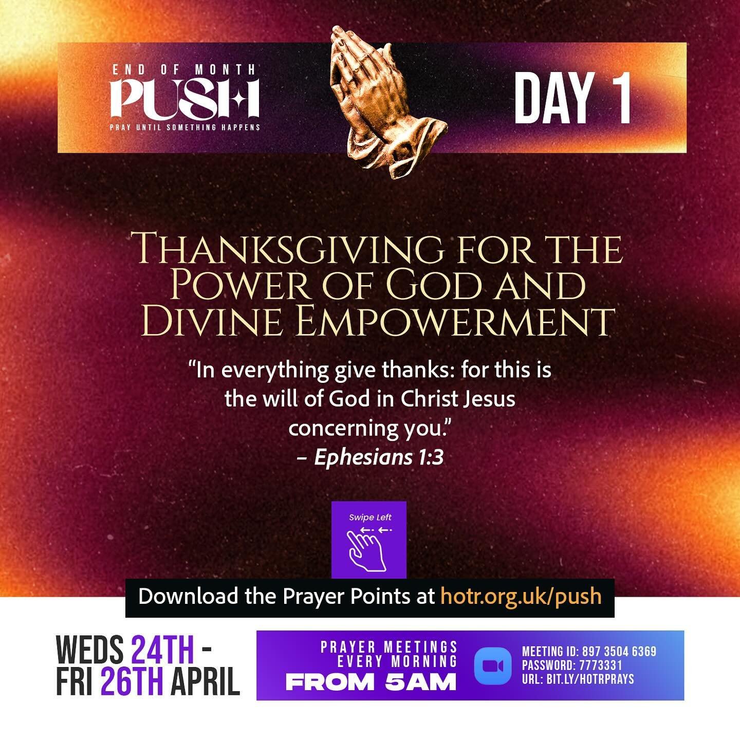 Day 1 of P.U.S.H
Join us as we do NOT depart from the commandment of His lips; and as we treasure the words of His mouth MORE than our necessary food - Job‬ ‭23‬:‭12‬ ‭NKJV‬‬ AMEN

Click link in bio for all of today&rsquo;s Prayers points
🙏🏾 

Pray