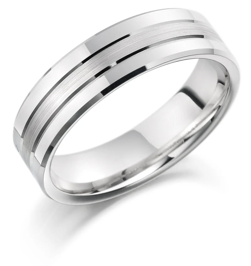 Gents 3 row bevelled edge wedding band   Available in platinum, palladium, 9ct and 18ct yellow, white or rose gold. Widths from 4mm to 12mm.    Price from £295
