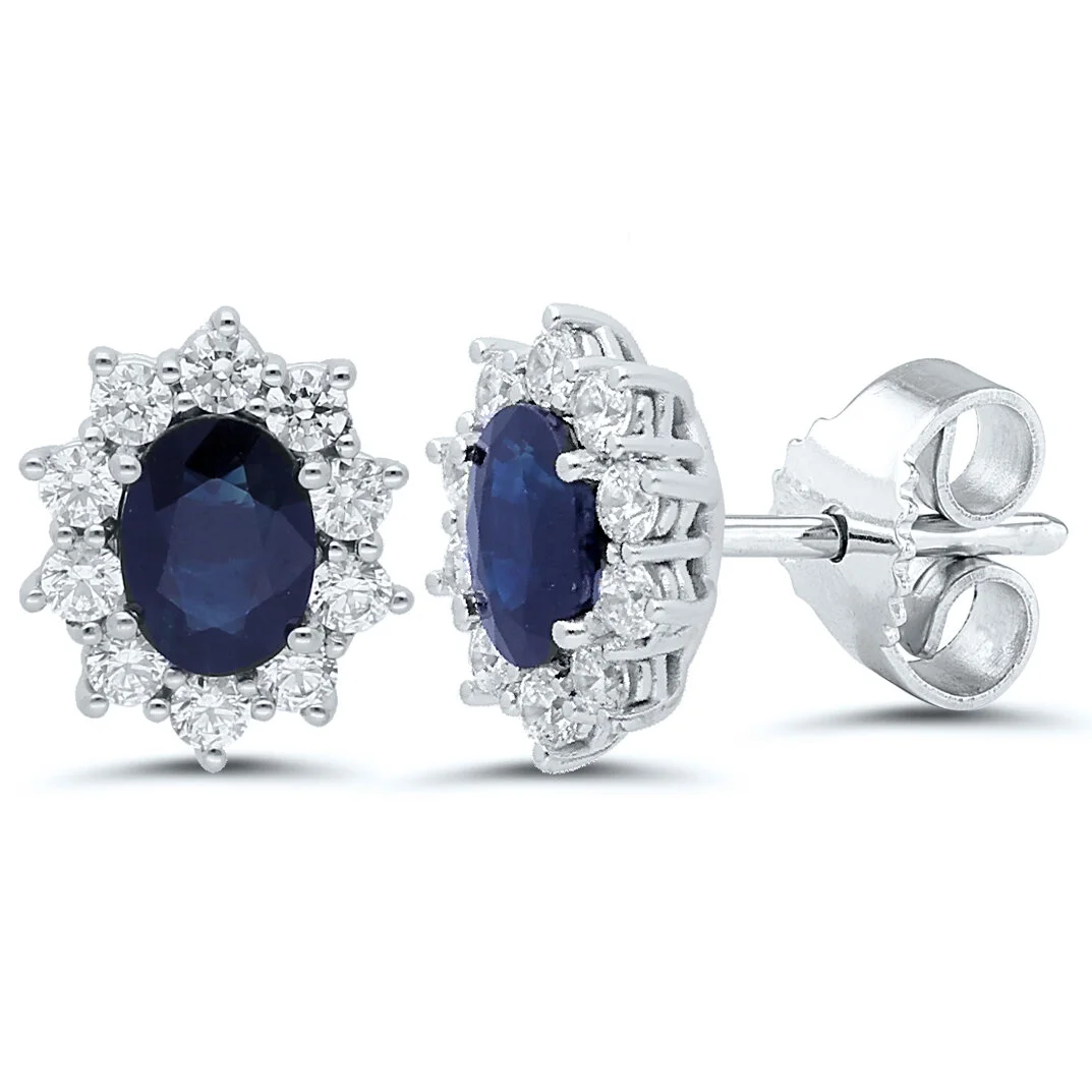 Diamond and blue sapphire cluster earrings   Diamond and blue sapphire cluster earrings, available in 9ct, 18ct white and yellow gold. Total diamond weight available 0.40ct or 0.50ct    Price from £695