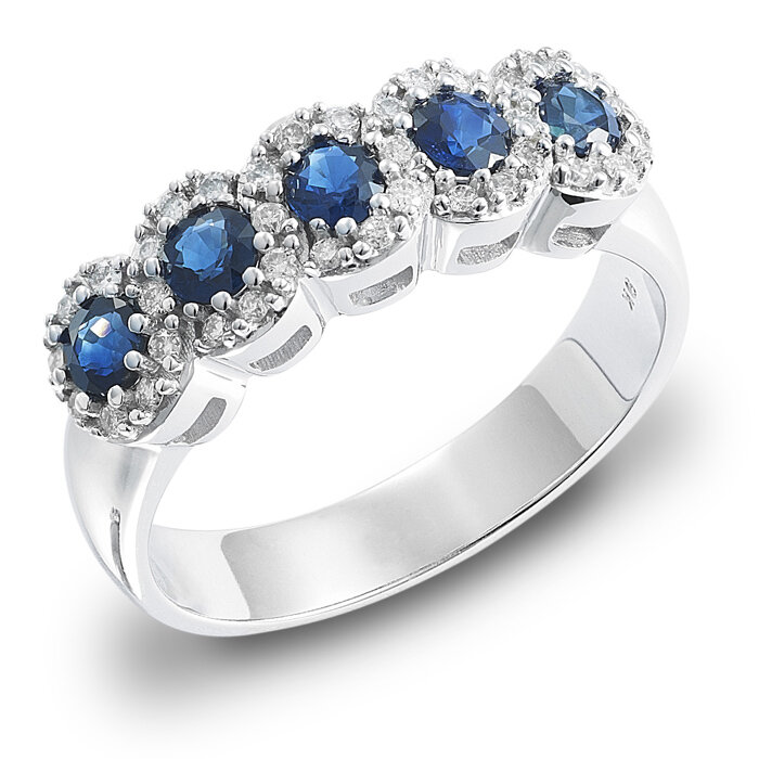 Diamond and blue sapphire 5 stone cluster ring   Available in 9ct, 18ct yellow, white and rose gold and platinum.  Total diamond weight 0.20ct.  Ruby and emerald options also offered.   Price from £750