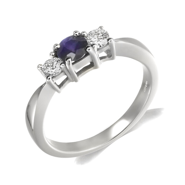 Diamond and blue sapphire 3 stone ring   Available in 9ct, 18ct yellow, white and rose gold and platinum.  Total diamond weight 0.25ct.  Ruby and emerald option also offered or all diamond.   Price from £650