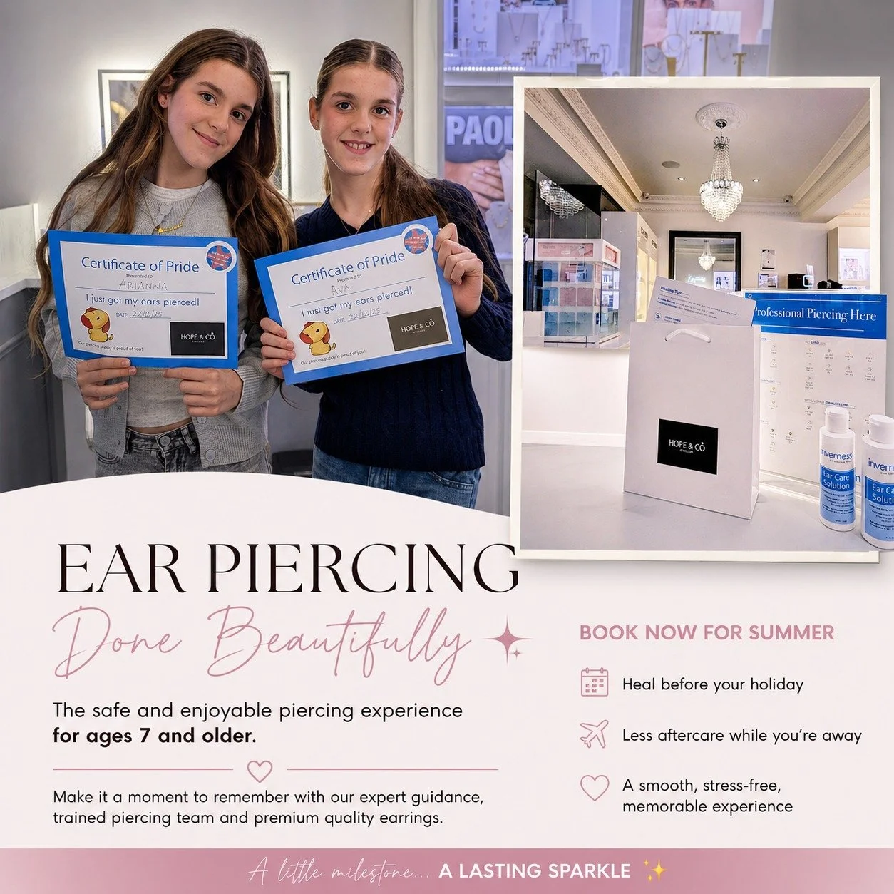 The most technologically-advanced ear piercing system available. Proven Gentle piercing for all.

✔ Fully trained and licenced 
✔ All earrings are hypoallergenic
✔ Stunning selection 
✔ Book now for summer
✔ Less aftercare while you&rsquo;re away
✔ A