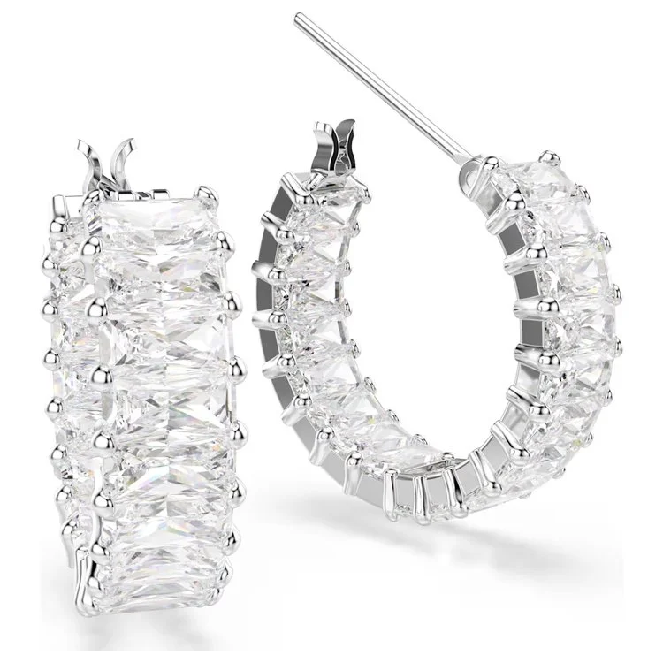 Matrix hoop earrings, Baguette cut, White, Rhodium plated 1.jpg