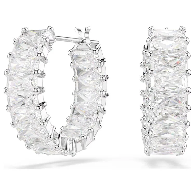 Matrix hoop earrings, Baguette cut, White, Rhodium plated.jpg
