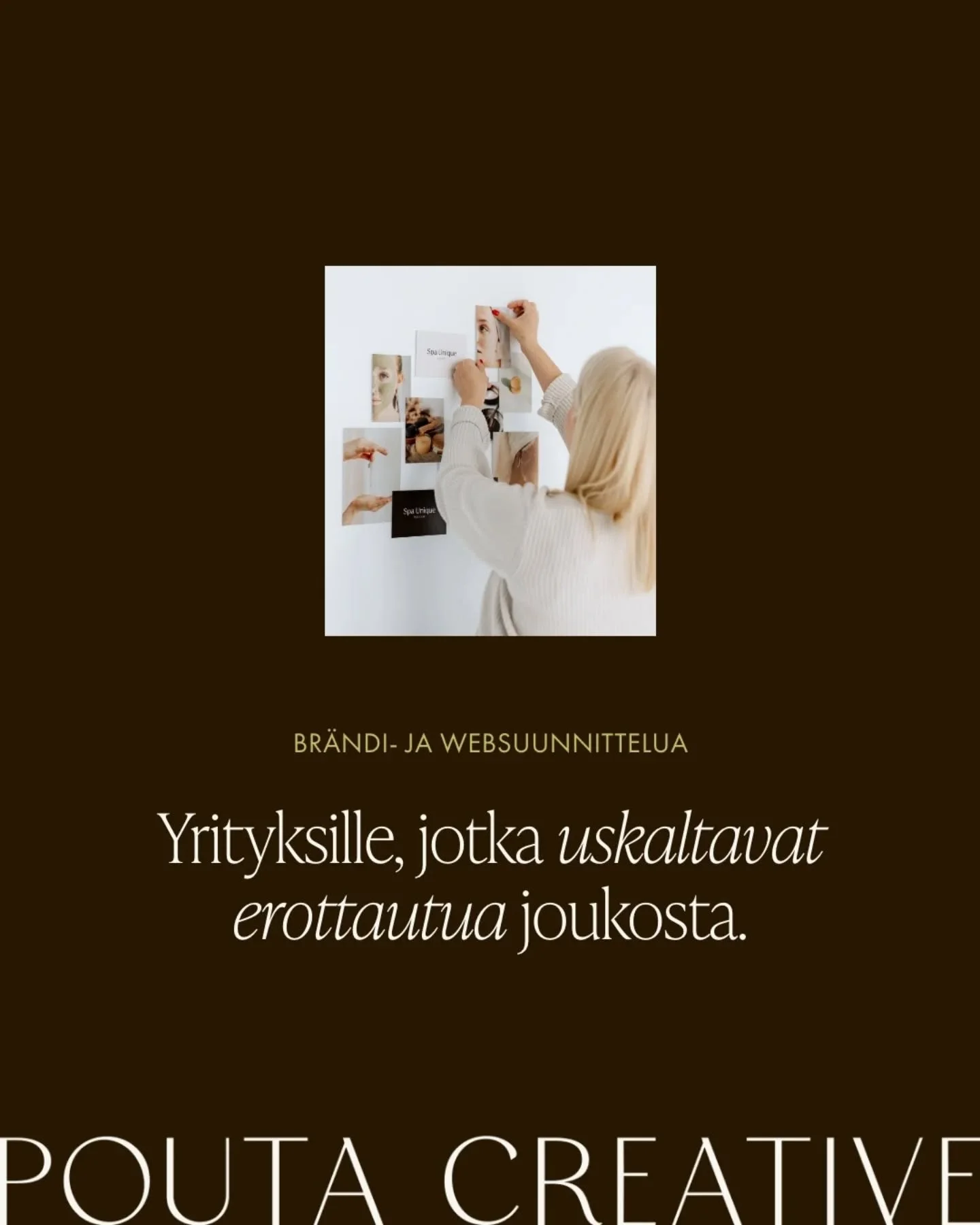 Vuoden ensimm&auml;inen kokonainen ty&ouml;viikko on polkaistu k&auml;yntiin ja sen vuoksi on my&ouml;s aika kerrata Pouta Creativen palvelutarjonta. Ensikosketuksen saat kun swaippaat ylh&auml;&auml;lt&auml; l&ouml;ytyv&auml;&auml; kuvakarusellia ja