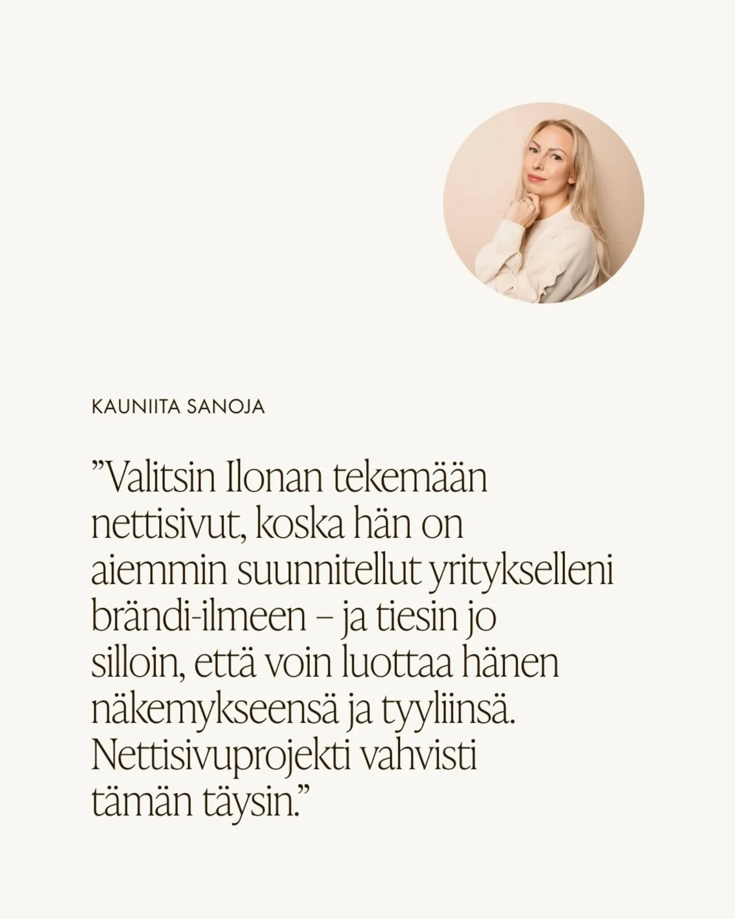 Asiakaspalaute | BEIS 💌

BEIS on ollut asiakkaanani jo vuosia sitten kun t&auml;ysin uudelle kampaamolle l&auml;hdettiin luomaan br&auml;ndi-identiteetti&auml;. Haaveilin jo silloin ett&auml; p&auml;&auml;sisin luomaan yritykselle my&ouml;s nettisiv