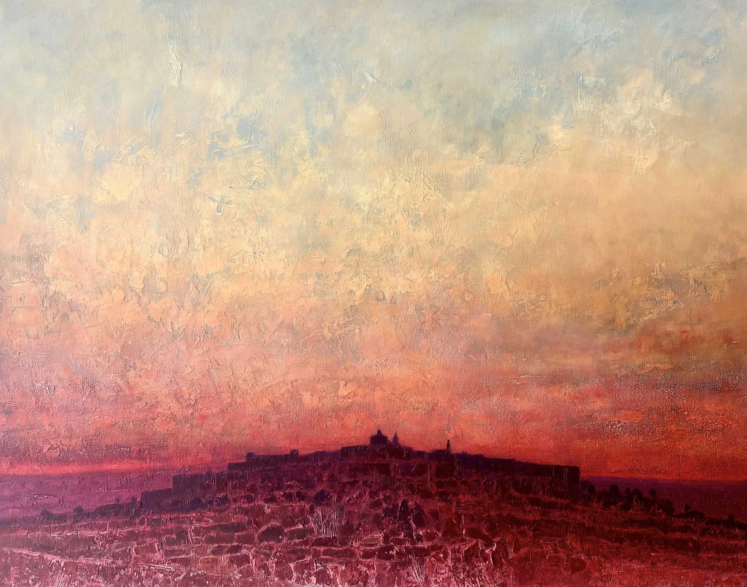 Sunset scene acrylic painting with distant town silhouette on the horizon for sale on Allura Art