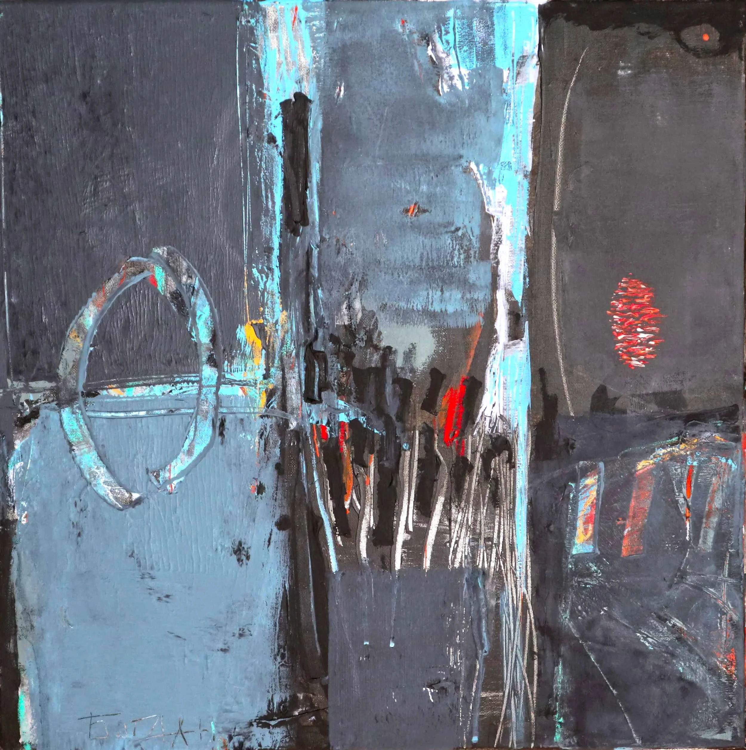 Abstract artwork for sale. Angular blocks of greys, blues and dynamic, lines.