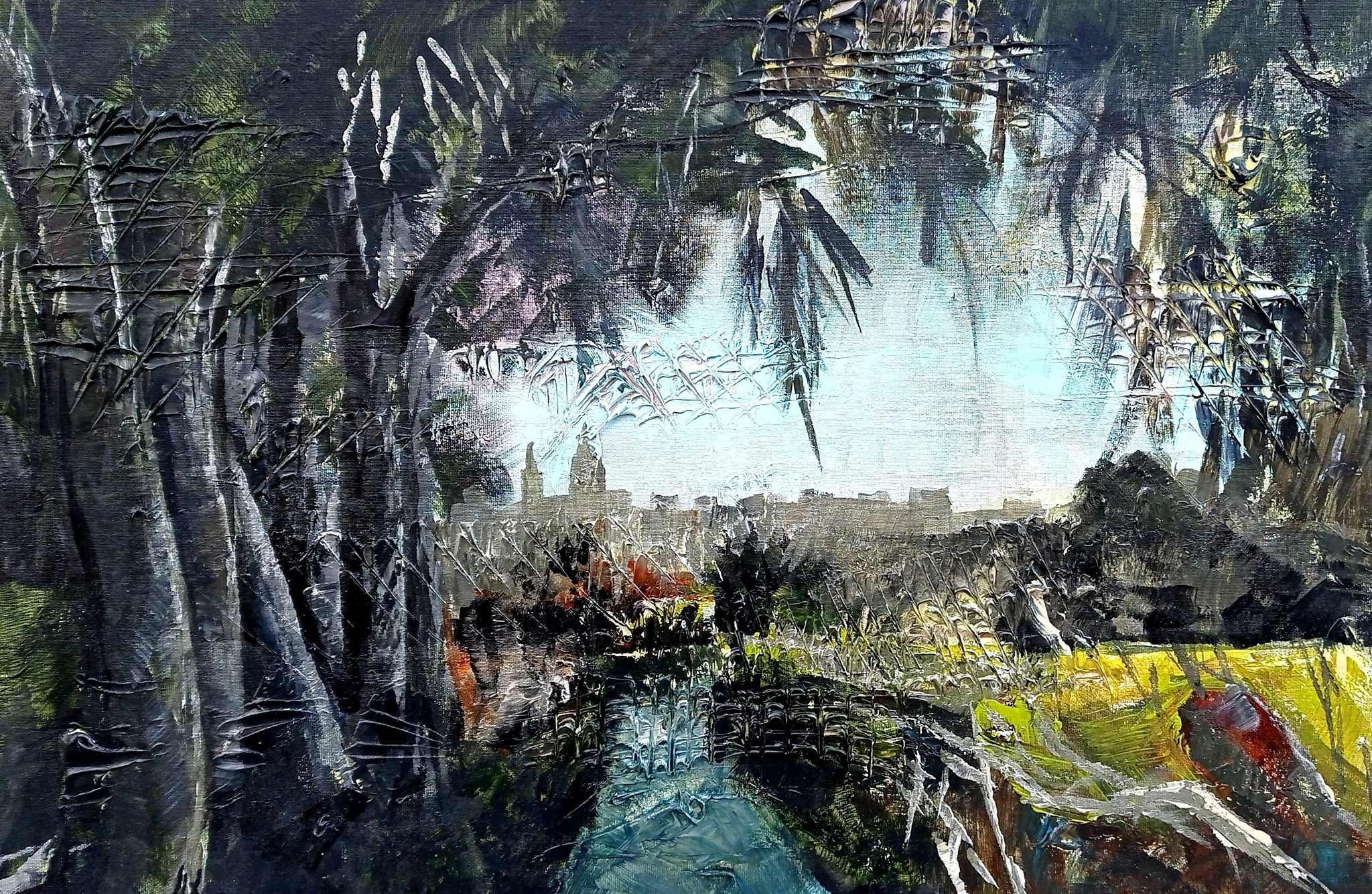 Semi abstract landscape created with blue hues and interesting marks, fine art painting by Mark Schembri.