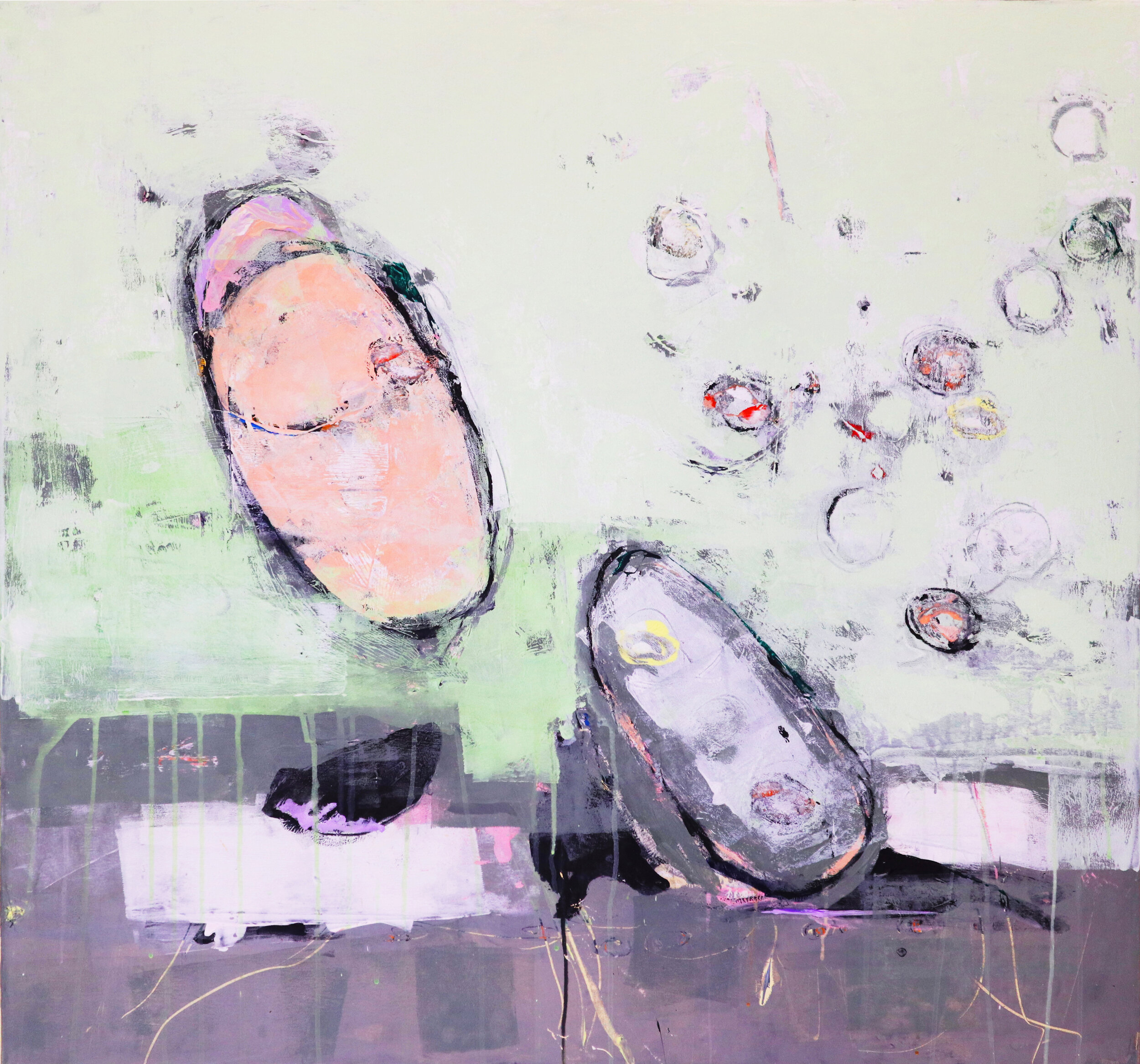 The composition of this abstract painting by Bogdan Dyulgerov, Bulgarian painter resembles of the inside of a cell with two egg-shaped elements in pale purple and some smaller circles on a pistachio-green background. For sale on Allura Art.