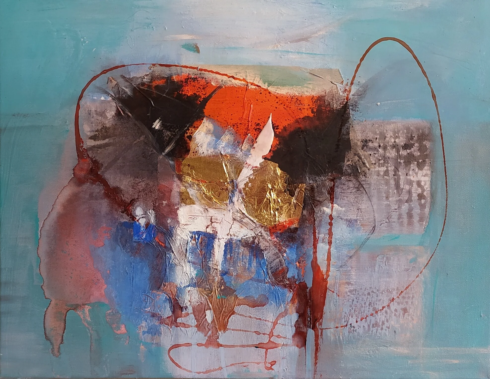Abstract composition with bold colours and gold leaf, fine art for sale on online gallery.