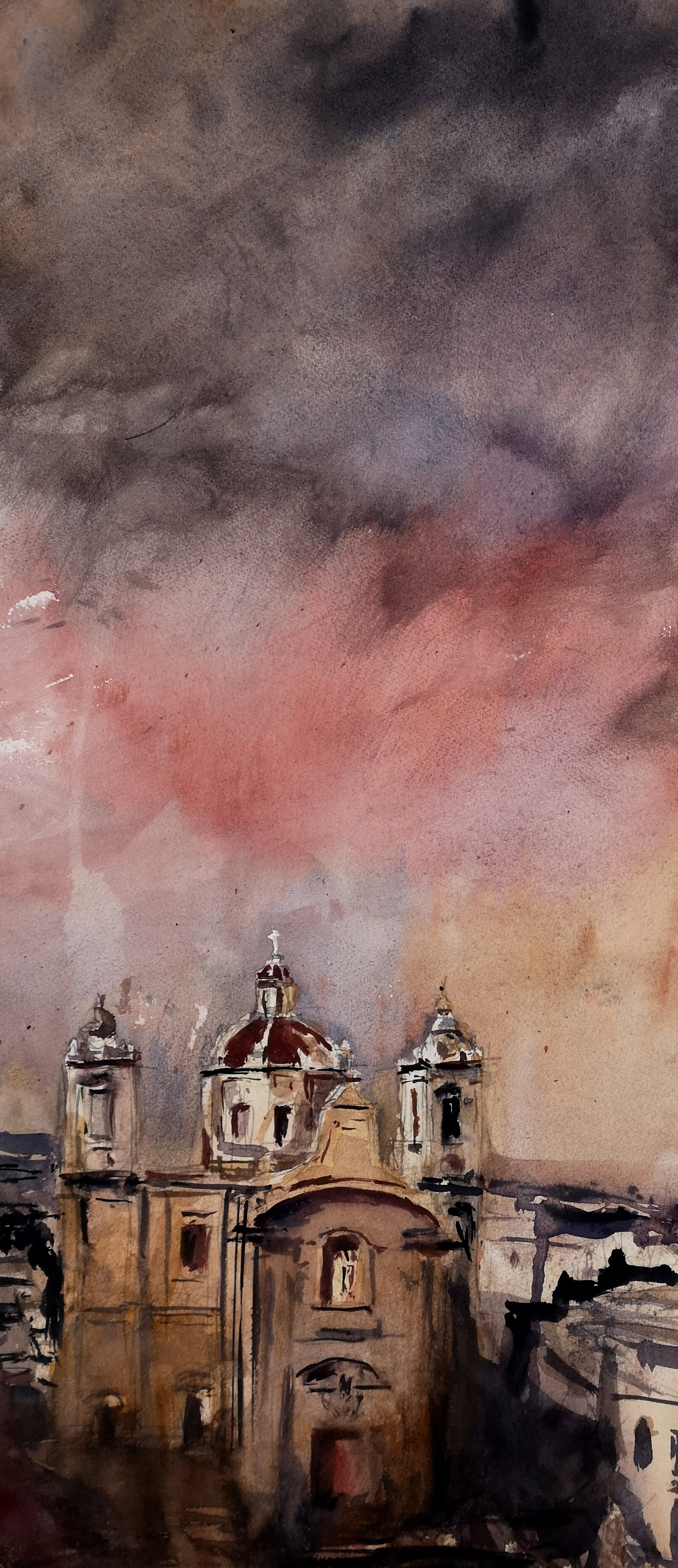 Maltese church painted with watercolours in the colours of the approaching storm by Andrew Smith.