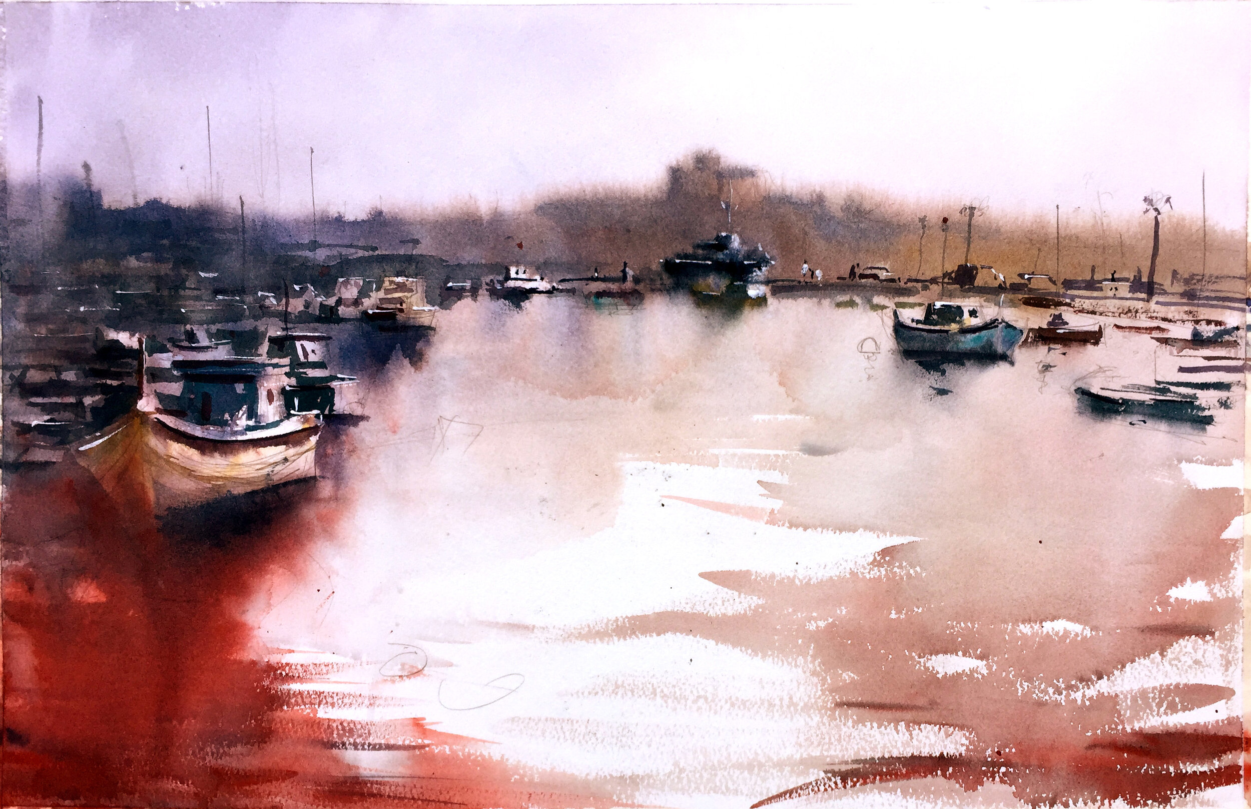 Boats sway on a red-coloured sea in the harbour on a watercolour by Andrew Smith.