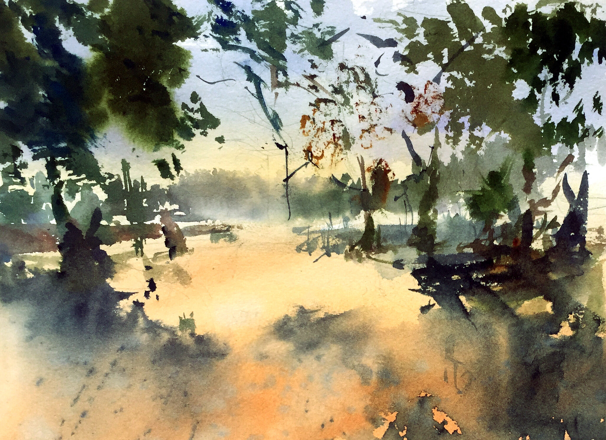 Sunlight and shadow between the trees on a semi abstract watercolour painting by Andrew Smith.