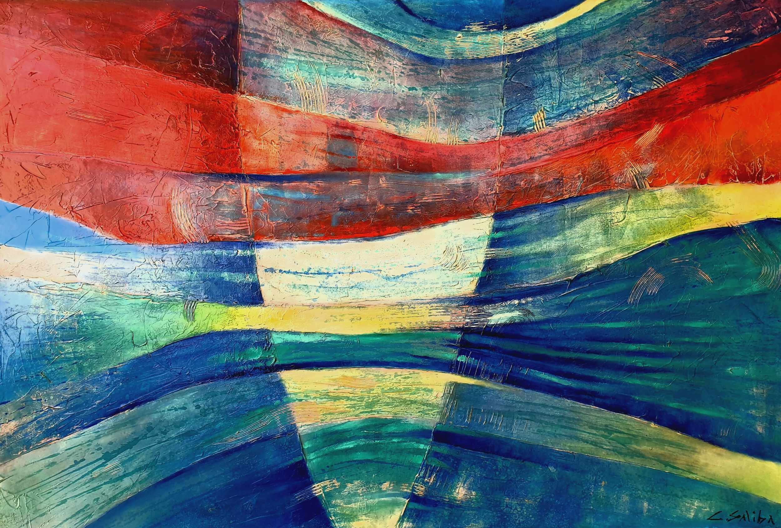 Large abstract painting, primary colours forming wave like shapes.