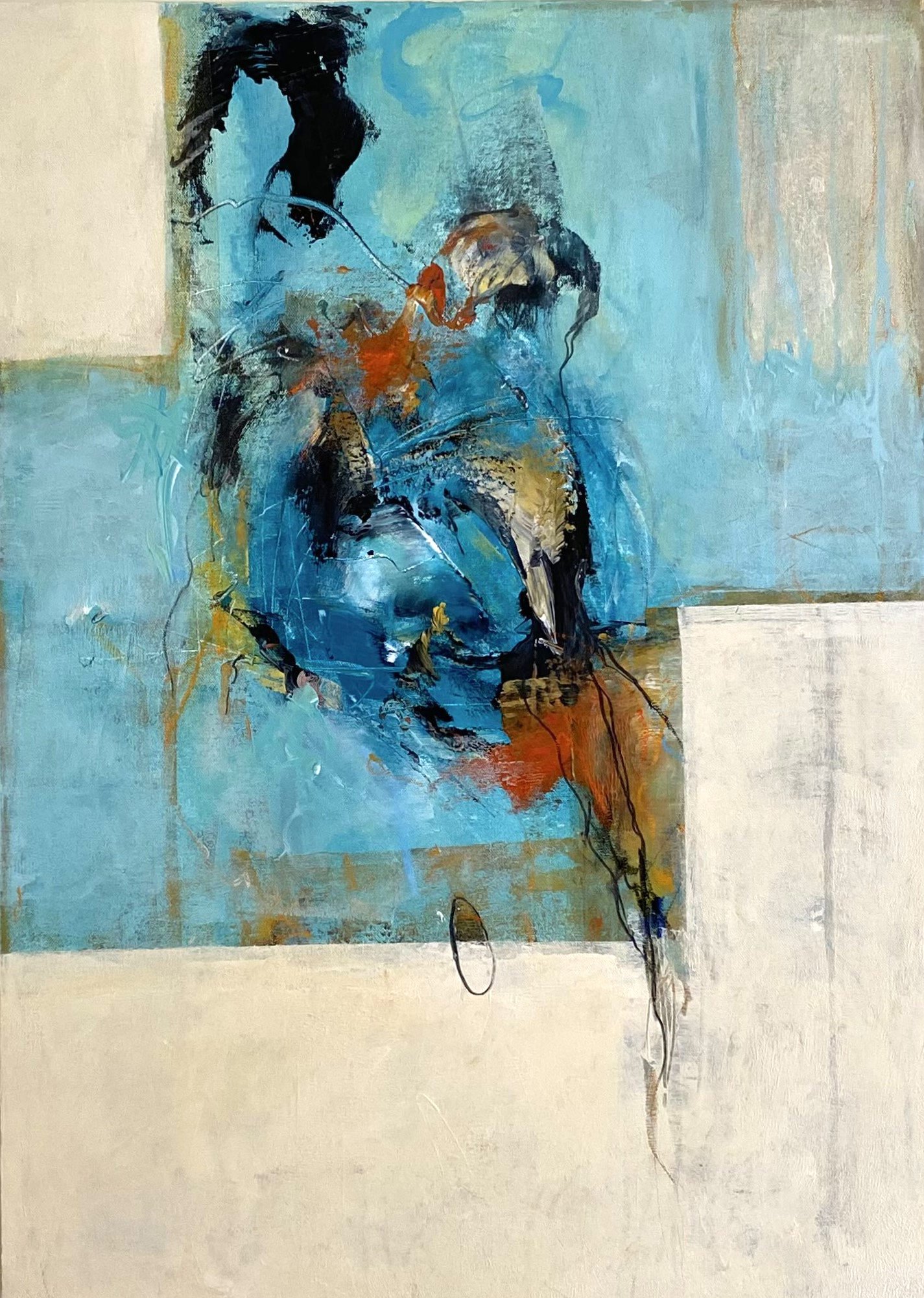 Acrylic abstract painting featuring bright blues and various flowing forms by Bogdan Dyulgerov.