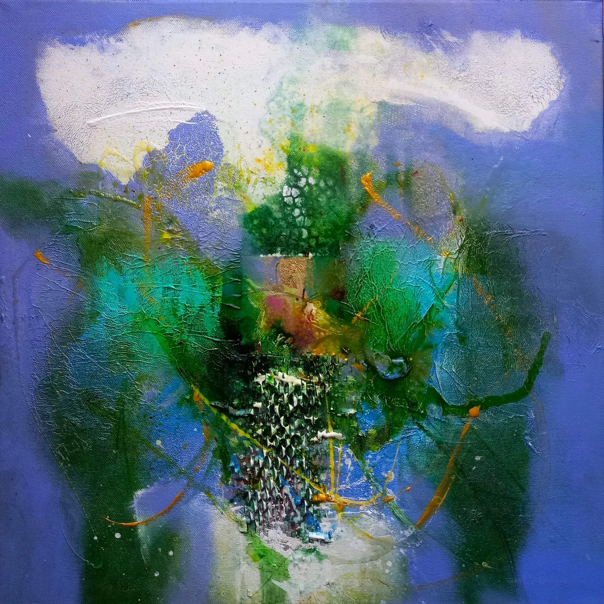 Green and blue abstract with gold leaf by Rosette Bonello