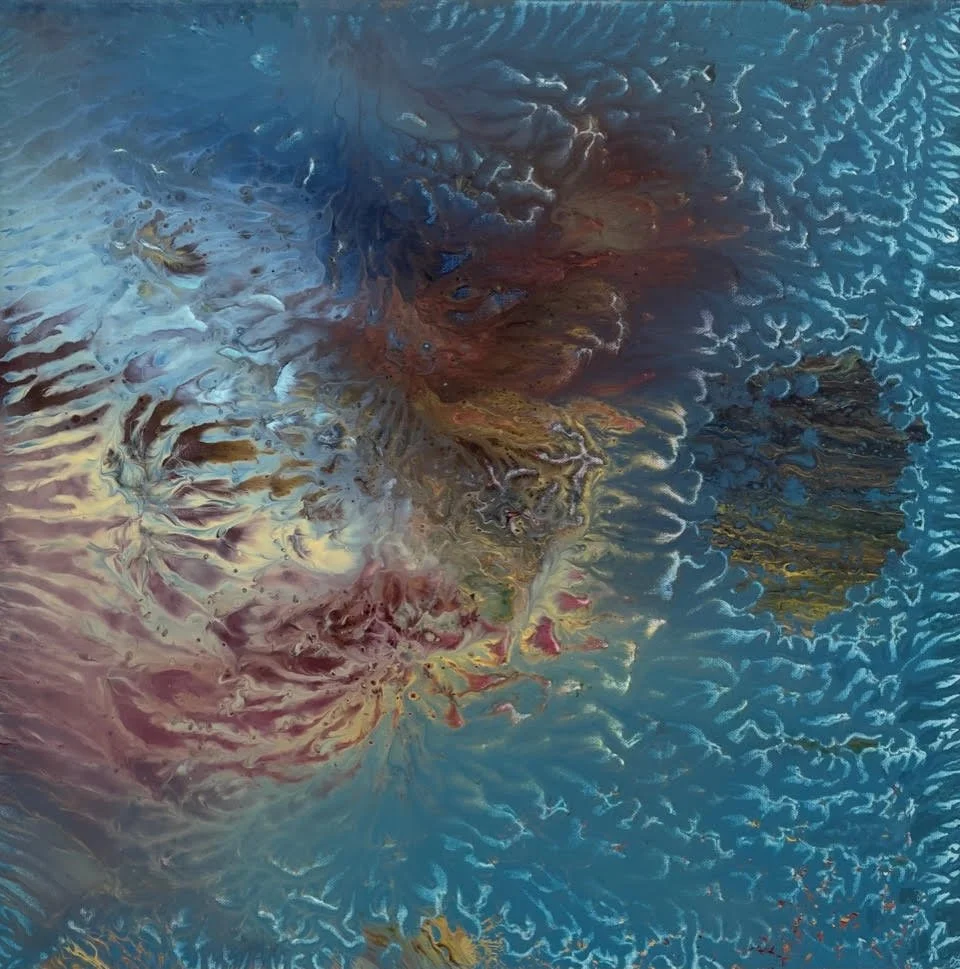 Abstract colorful painting with swirling patterns in shades of blue, pink, yellow, and black.