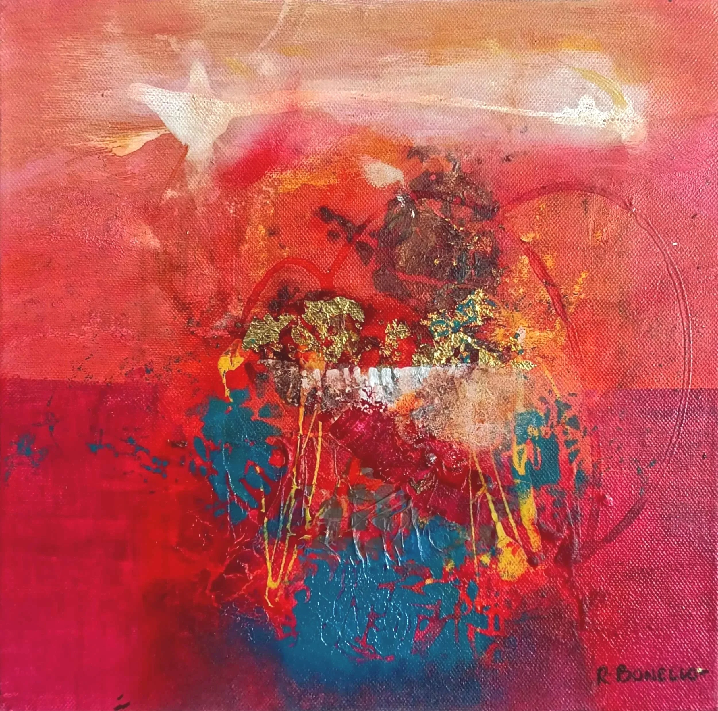 Drift presents a warm tide of crimson and gold unfolding like a heartbeat,  soft drips and layered textures whisper of love overflowing.
