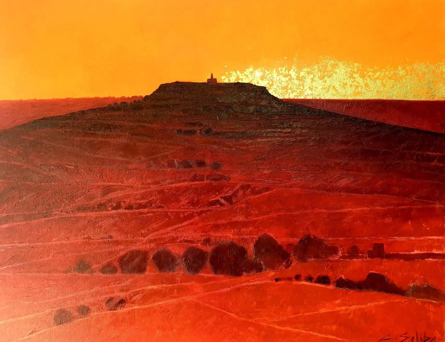A distant hill in Gozo with the outlines of a church painted in reds by Christopher Saliba